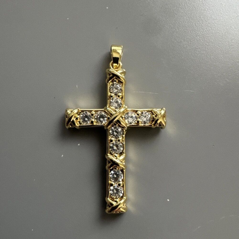 Cross Pendant Cubic Zirconia 18” Necklace Gold Tone Stainless Steel Gift Women’s